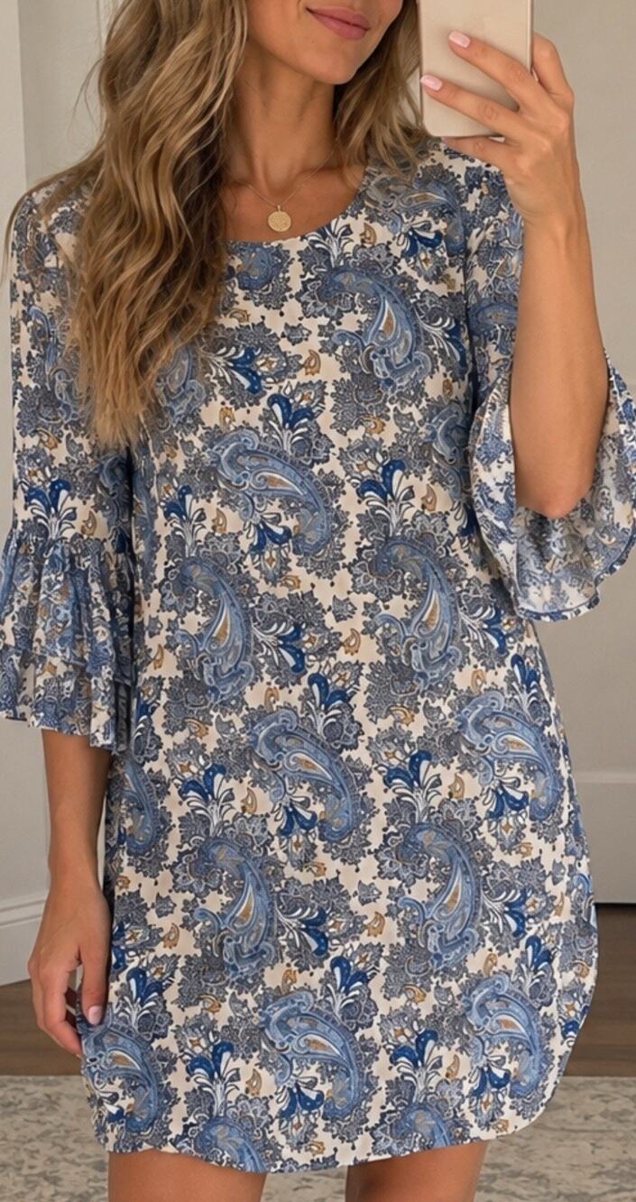 H&M Women’s Size 6 Blue Paisley Floral Shift Dress Bell Sleeve Boho 100% Viscose